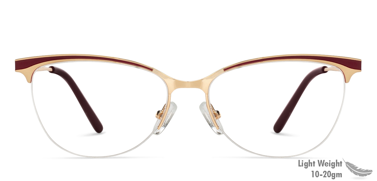 Golden Maroon Half Rim Cat Eye Medium Size 51 John Jacobs